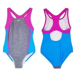 Speedo | "Heather Gray" Mesh Splice Thick Strap 1 Piece Swimsuit | Size 14 Girls